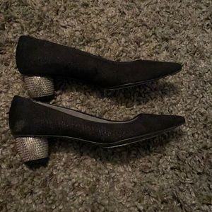 EUC Stuart Weitzman pointy toe fabric w/silver chain. Only worn once.